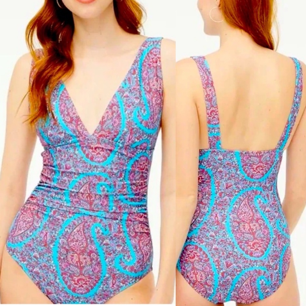 J CREW V-neck Ruched Paisley Floral Print One Piece Swimsuit Blue Womens Size XL